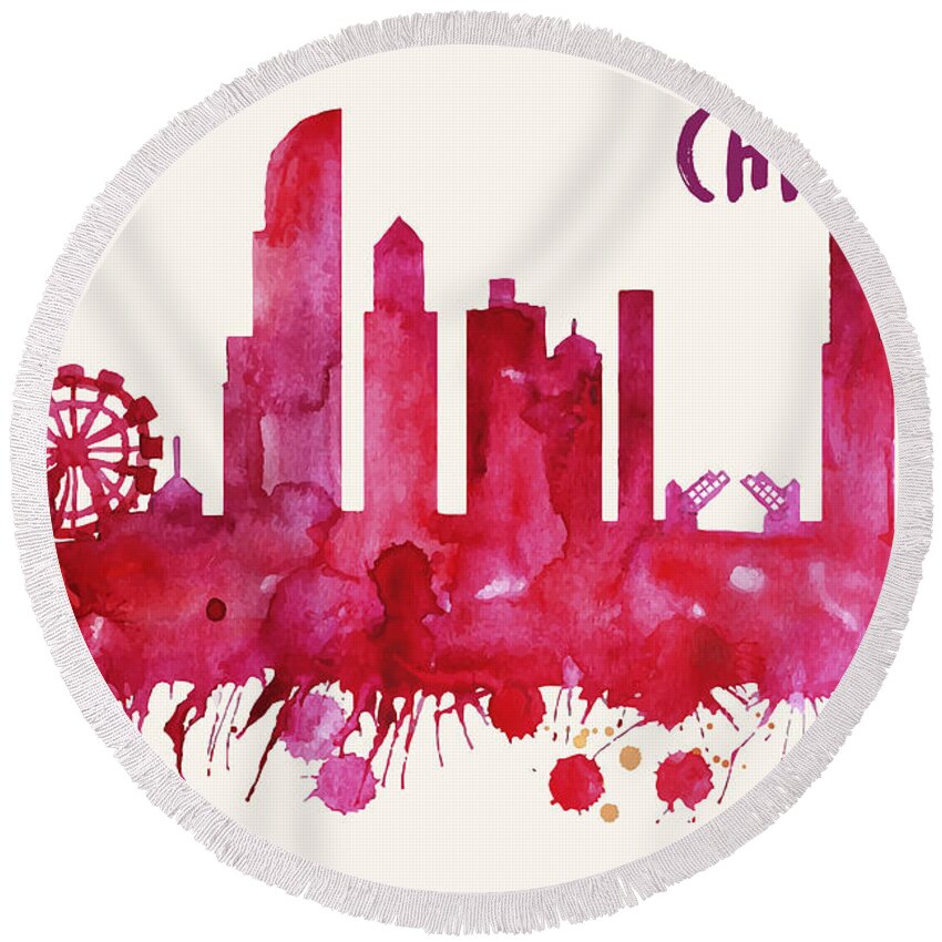 Chicago Round Beach Towel featuring the painting Chicago Skyline Watercolor Poster - Cityscape Painting Artwork by Beautify My Walls