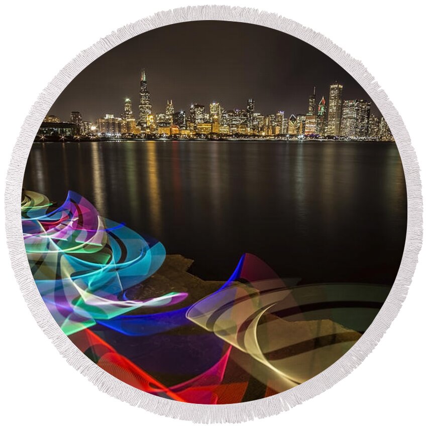 Chicago Round Beach Towel featuring the photograph Chicago Skyline with pixel stick painting by Sven Brogren