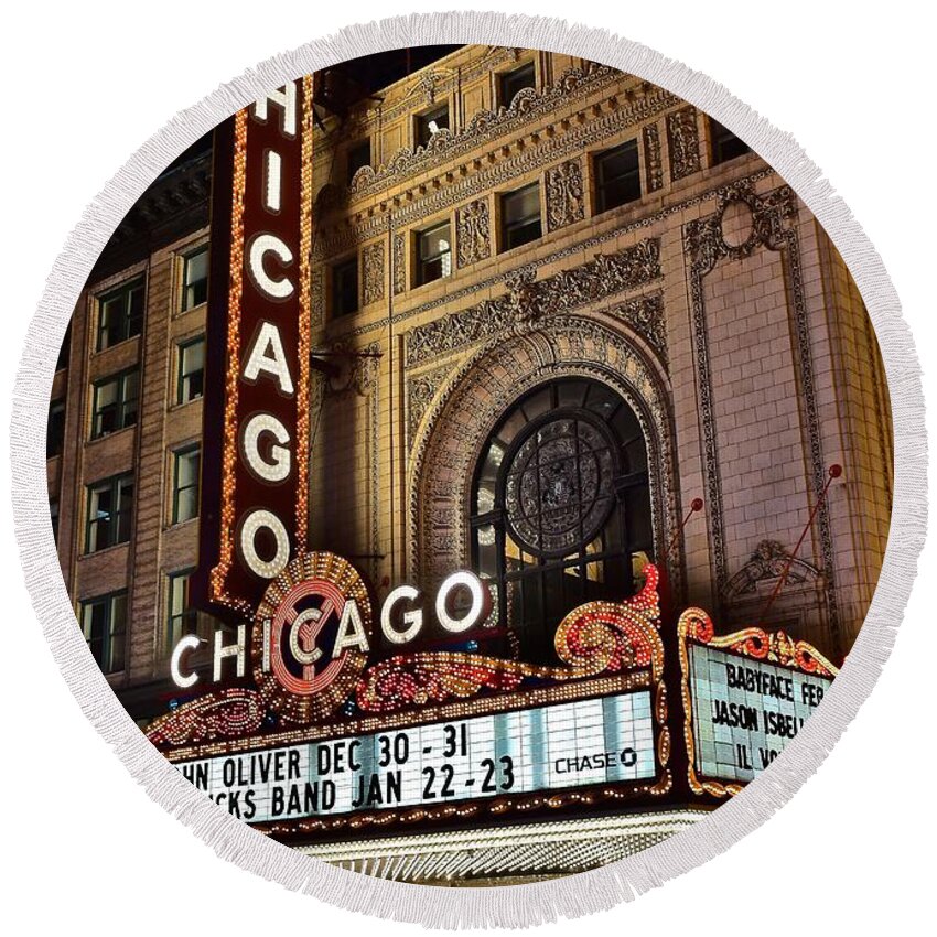 Chicago Round Beach Towel featuring the photograph Chicago Theatre by Frozen in Time Fine Art Photography