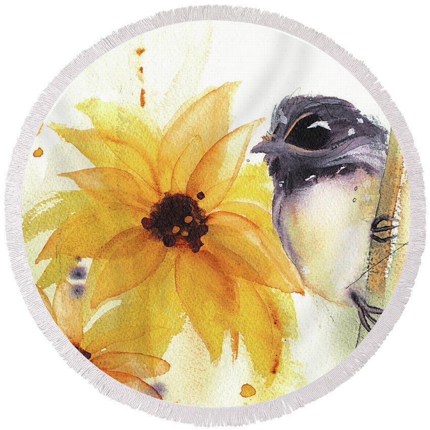 Watercolor Round Beach Towel featuring the painting Chickadee and Sunflowers by Dawn Derman