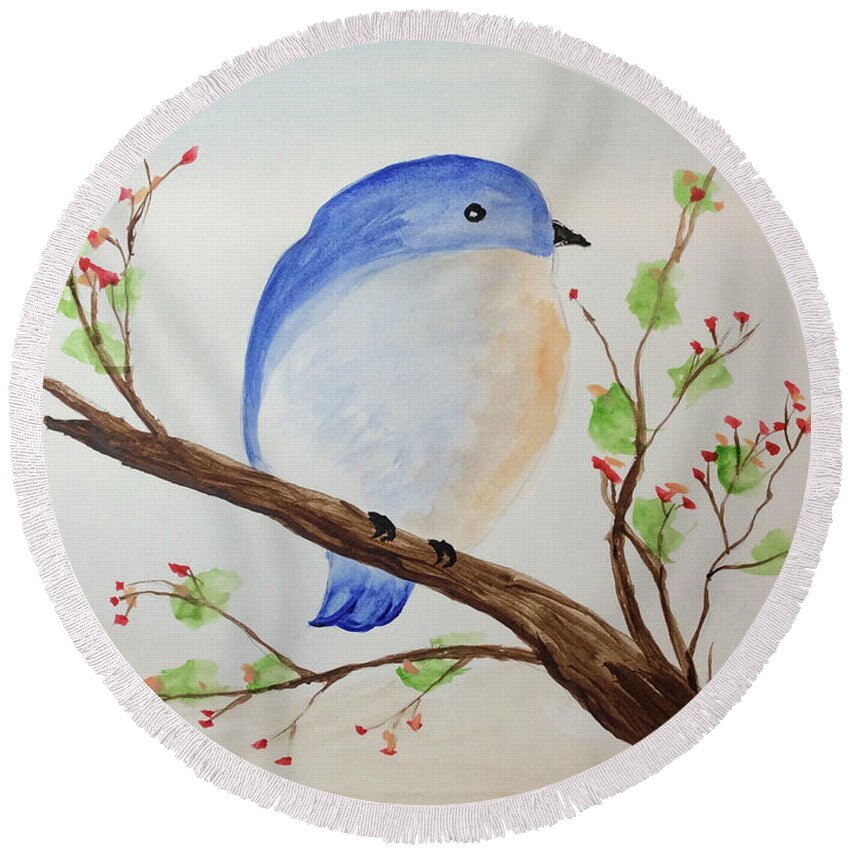 Watercolor Round Beach Towel featuring the painting Chickadee on a branch with leaves by Martin Valeriano