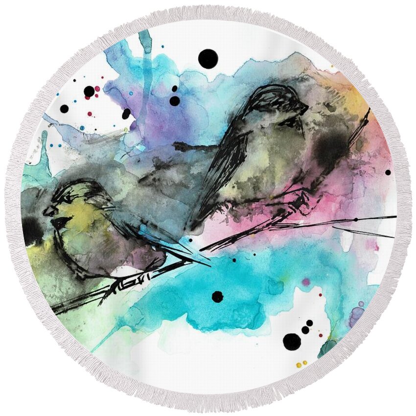 Chickadee Round Beach Towel featuring the painting Chickadee punk by Emily Page