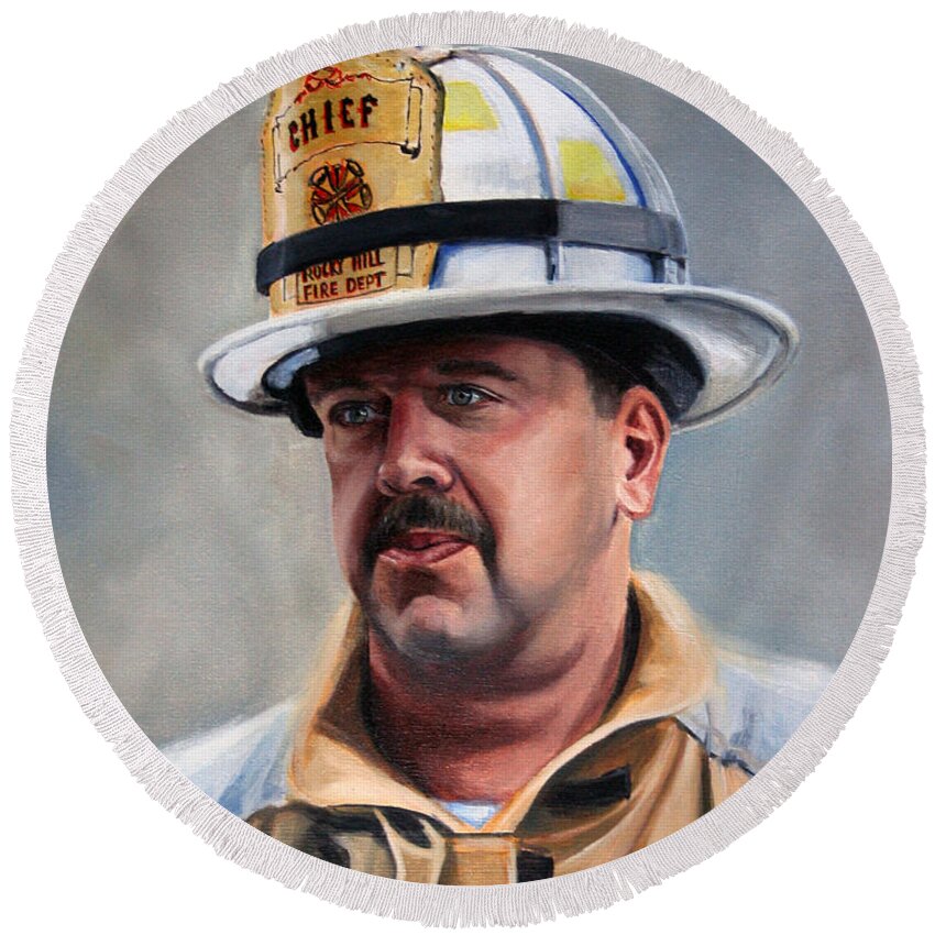 Fire Chief Round Beach Towel featuring the painting Chief Garrahy by Paul Walsh