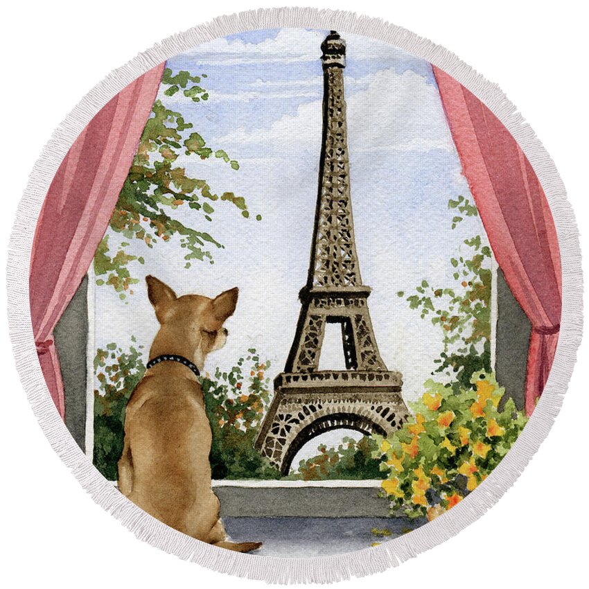 Chihuahua Round Beach Towel featuring the painting Chihuahua in Paris by David Rogers