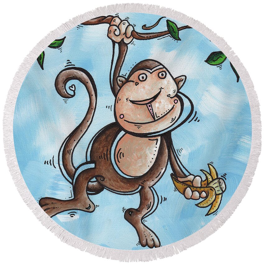 Childrens Round Beach Towel featuring the painting Childrens Whimsical Nursery Art Original Monkey Painting MONKEY BUTTONS by MADART by Megan Aroon
