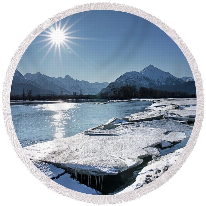 Alaska Round Beach Towel featuring the photograph Chilkat River with ice chunks by Michele Cornelius