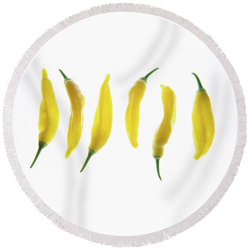 Chilies Round Beach Towel featuring the photograph Chillies Lined Up ii by Helen Jackson