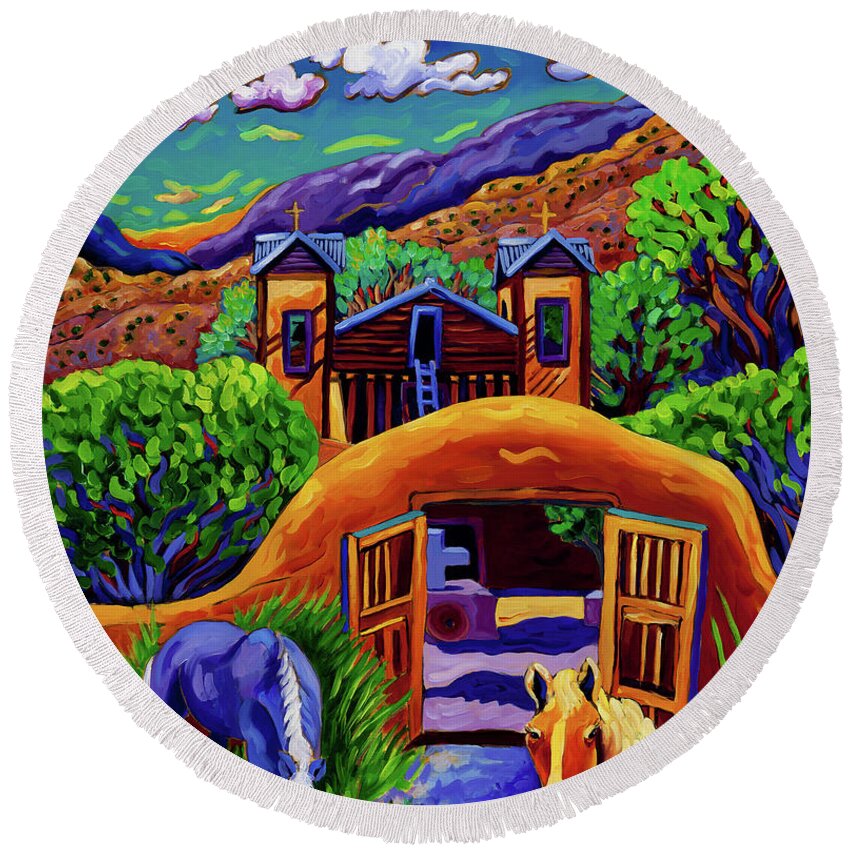 Chimayo Round Beach Towel featuring the painting Chimayo Horses Golden Hour by Cathy Carey