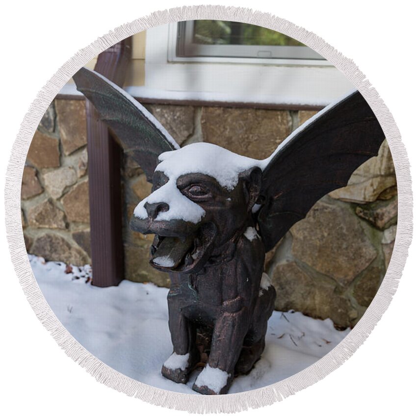 Gargoyle Round Beach Towel featuring the photograph Chimera In The Snow by D K Wall
