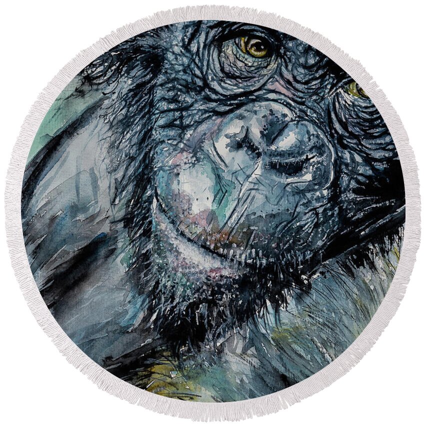 Chimpanzee Round Beach Towel featuring the painting Chimpanzee by Kovacs Anna Brigitta