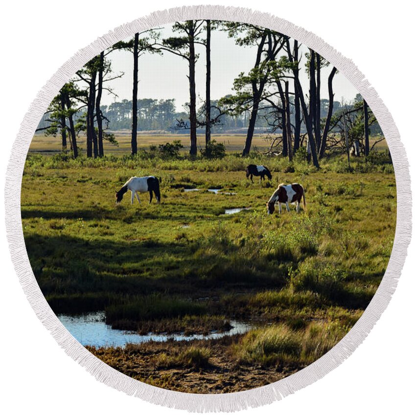 Chincoteague Round Beach Towel featuring the photograph Chincoteague Ponies by Nicole Lloyd