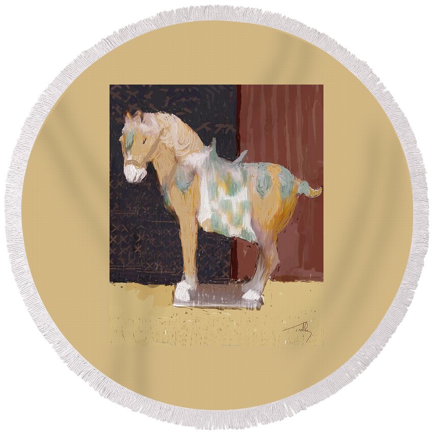 Horse Round Beach Towel featuring the painting Chinese Horse by Thomas Tribby