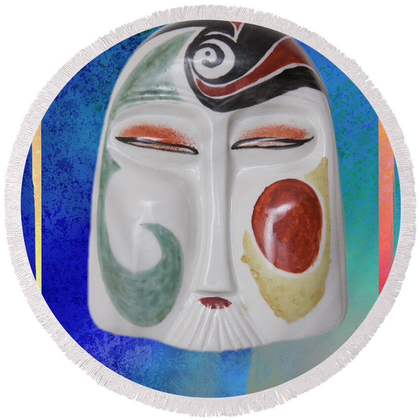 Abstract Round Beach Towel featuring the photograph Chinese porcelain mask blue - caption by Heiko Koehrer-Wagner