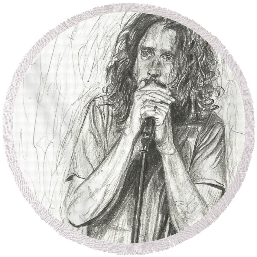 Chris Cornell Round Beach Towel featuring the drawing Chris Cornell by Michael Morgan