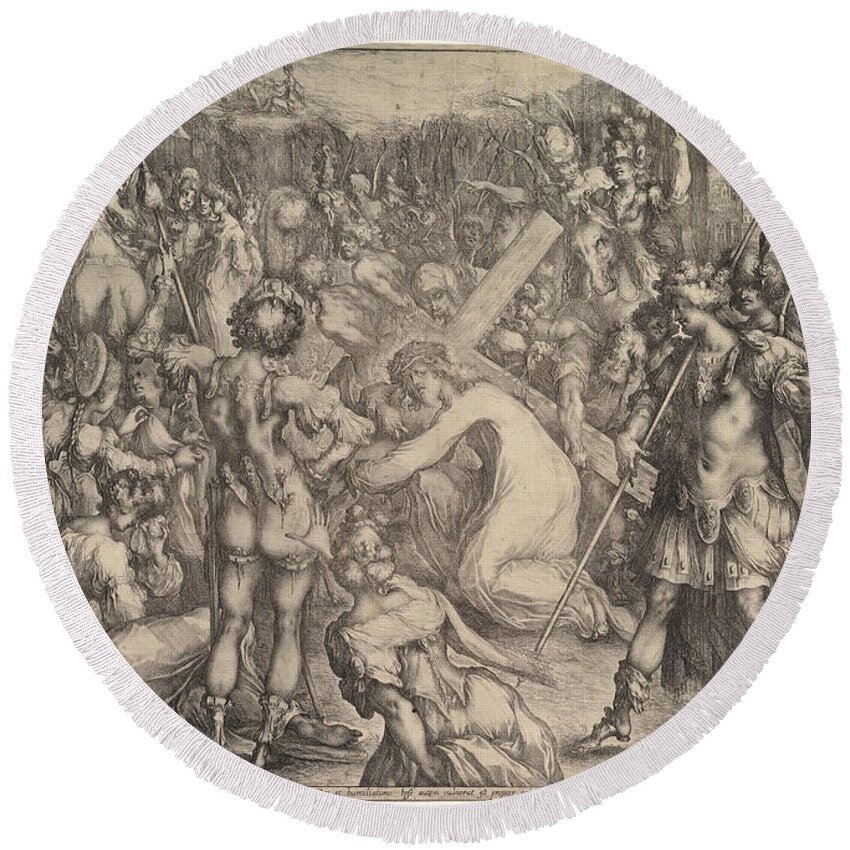 Jacques Bellange Round Beach Towel featuring the drawing Christ Carrying the Cross by Jacques Bellange