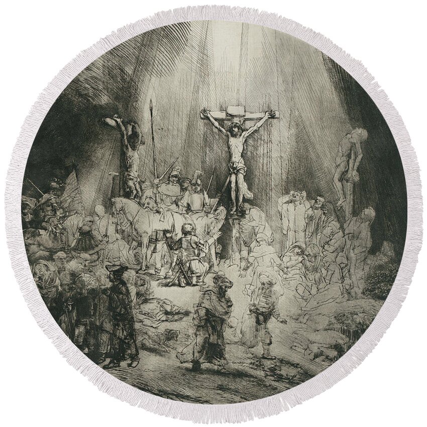 Rembrandt Round Beach Towel featuring the relief Christ Crucified Between the Two Thieves by Rembrandt