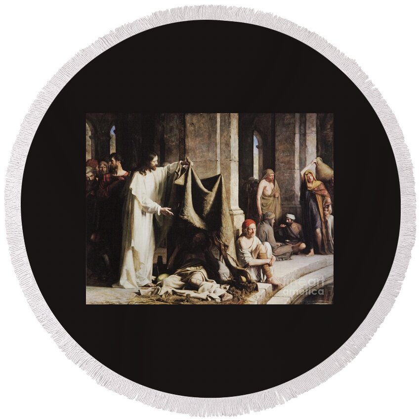 Carl Heinrich Bloch Round Beach Towel featuring the painting Christ Healing The Sick At The Pool Of Bethesda by Carl Heinrich Bloch