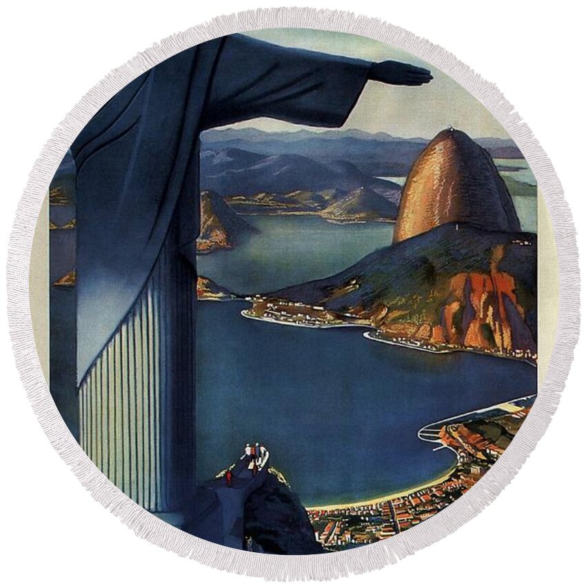 Pan American Round Beach Towel featuring the photograph Christ the Redeemer, Rio, Brazil - Pan American Airways - Retro travel Poster - Vintage Poster by Studio Grafiikka