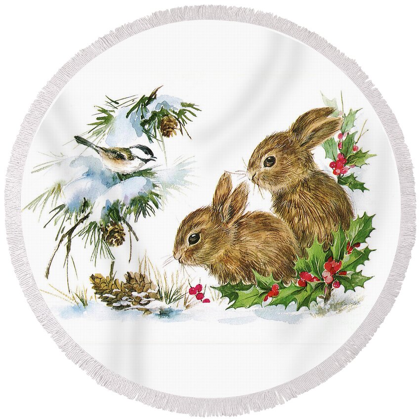 Christmas Round Beach Towel featuring the painting Christmas Bunny Rabbits and Birds Holley by Vintage Collectables