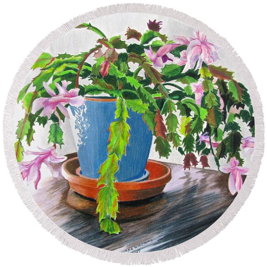 Still Life Round Beach Towel featuring the drawing Christmas Cactus by Linda Williams