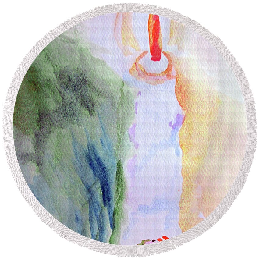 Christmas Round Beach Towel featuring the painting Christmas Candle 1 by Sandy McIntire