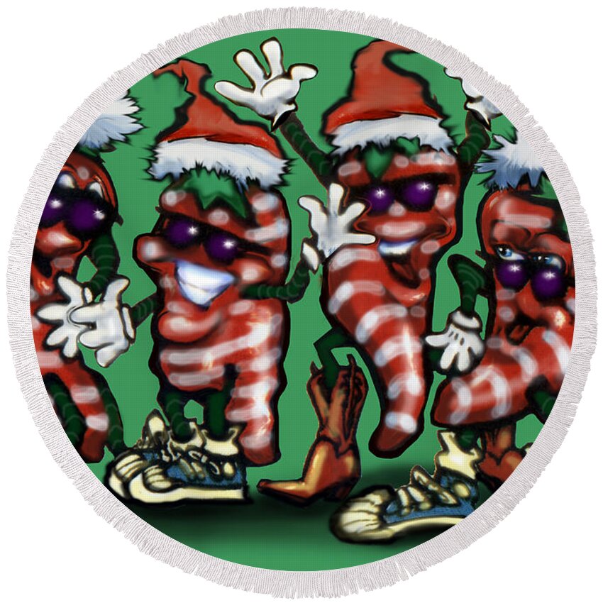 Christmas Round Beach Towel featuring the digital art Christmas Candy Peppers Gang by Kevin Middleton