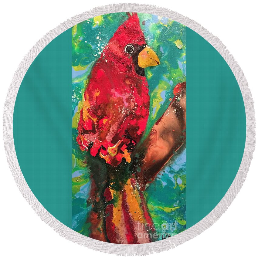 Christmas Cardinal Round Beach Towel featuring the painting Christmas Cardinal by Kasha Ritter