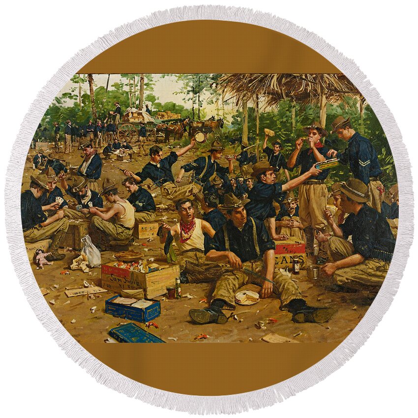 Gilbert Gaul Round Beach Towel featuring the painting Christmas Day in Camp by Gilbert Gaul