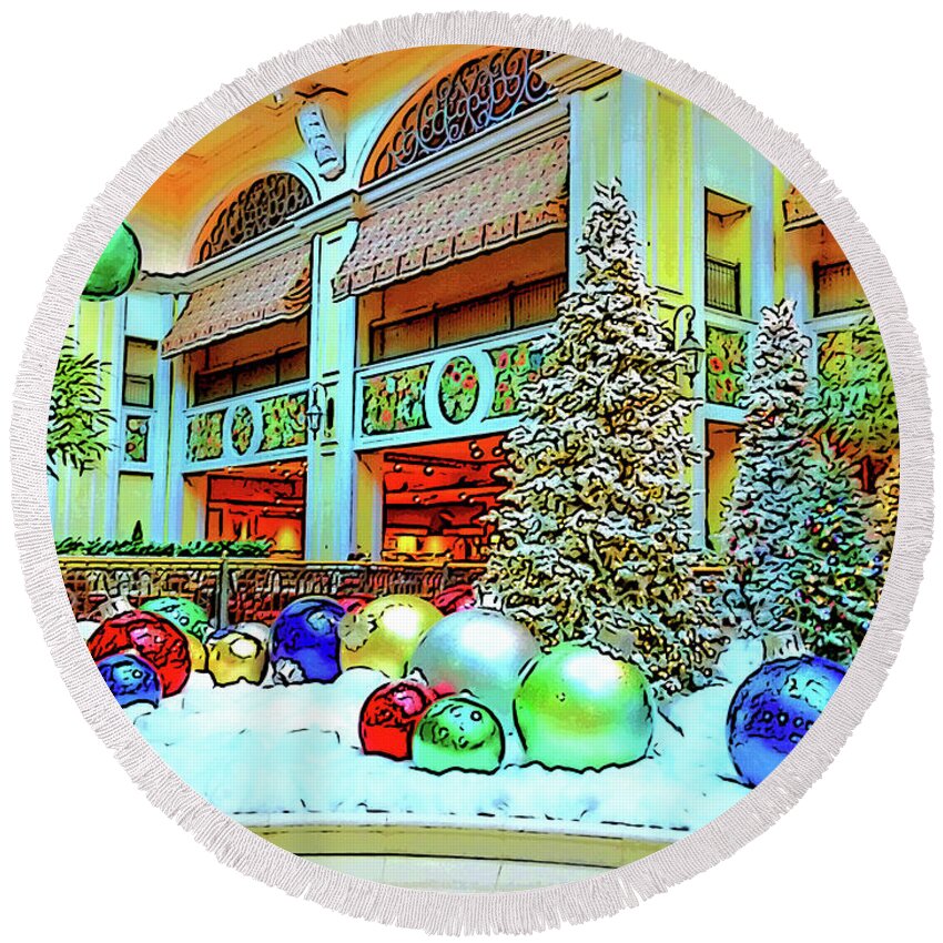 Photography Round Beach Towel featuring the digital art Christmas Decorations at the Beau Rivage on a Sunny Day by Marian Bell