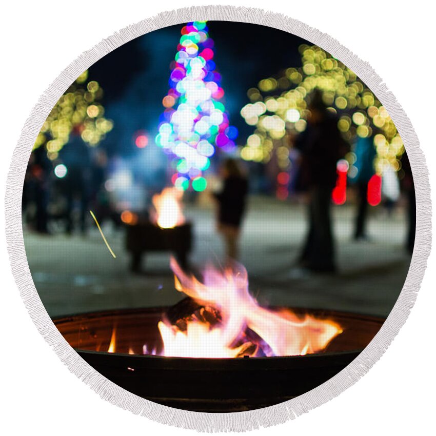 Fire Round Beach Towel featuring the photograph Christmas fire pit by Stephen Holst