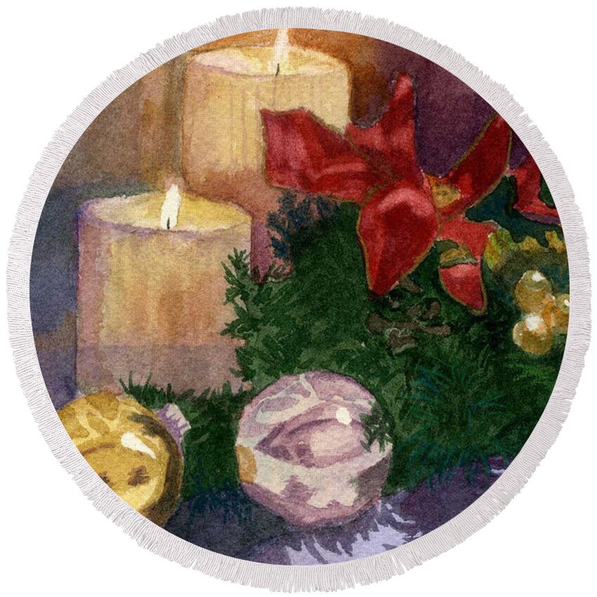 Watercolor Round Beach Towel featuring the painting Christmas Glow by Lynne Reichhart