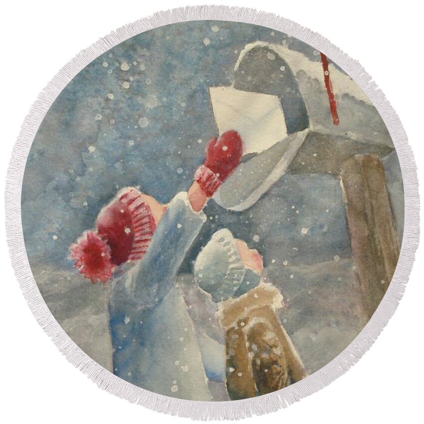 Snow Round Beach Towel featuring the painting Christmas Letter by Marilyn Jacobson