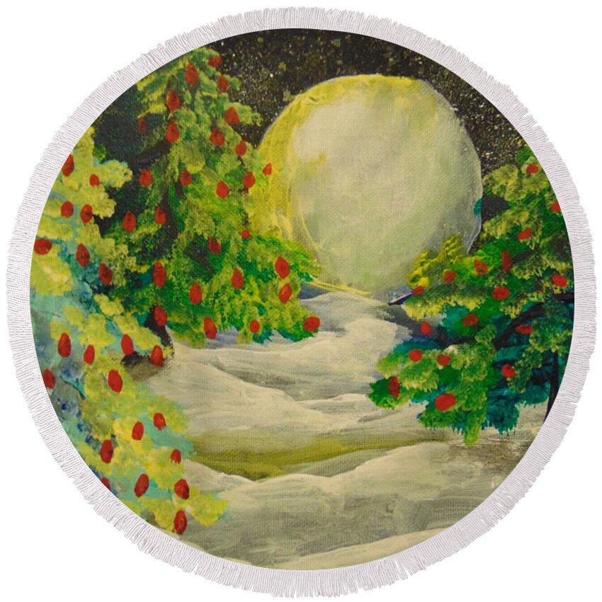 Evergreen Round Beach Towel featuring the painting Christmas Night by Saundra Johnson