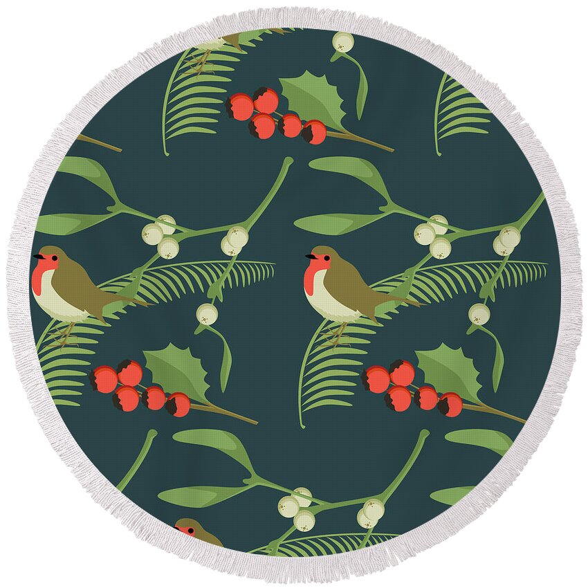 Mistletoe Round Beach Towel featuring the digital art Christmas Robin by Claire Huntley