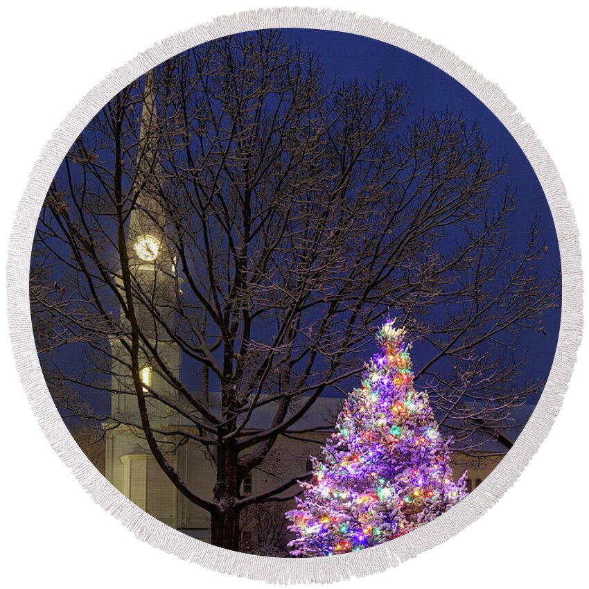 Church Round Beach Towel featuring the photograph Christmas tree and church, Maine by Kevin Shields
