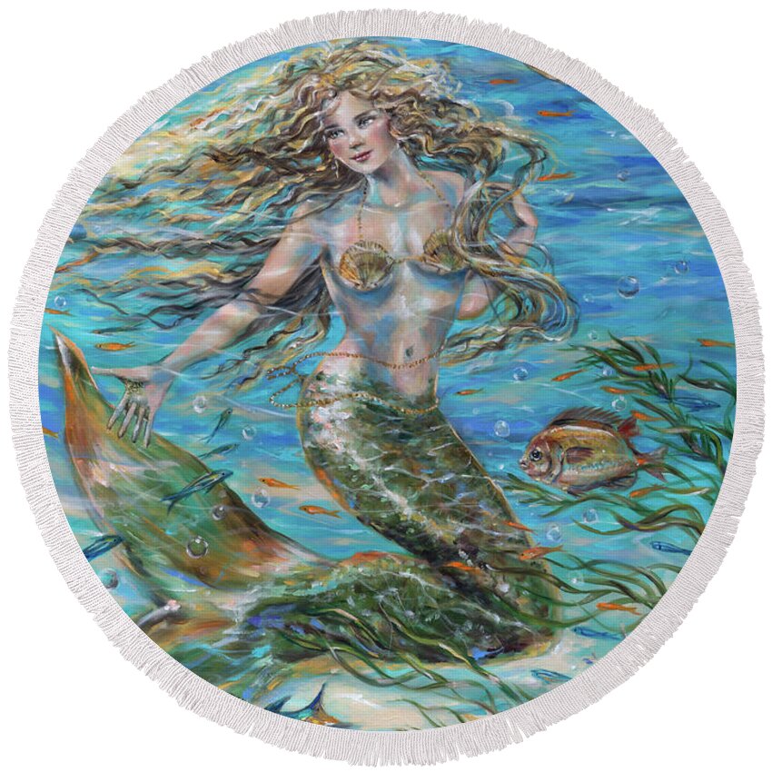 Mermaid Round Beach Towel featuring the painting Christophe Siren by Linda Olsen