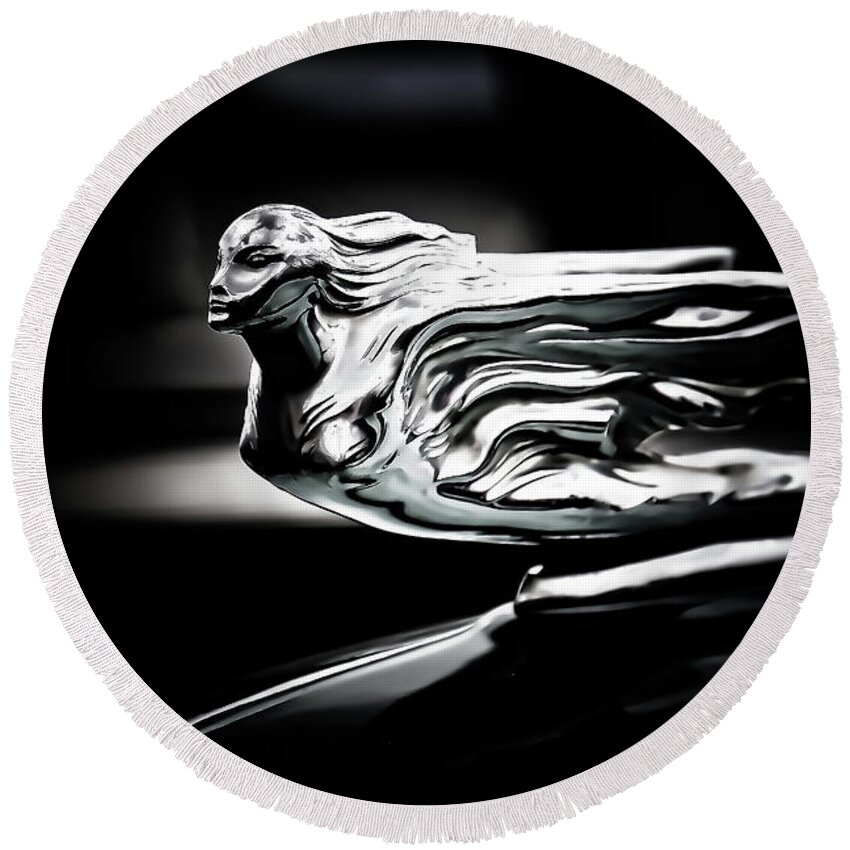 Hood Ornament Round Beach Towel featuring the photograph Chrome Hood Ornament by Athena Mckinzie