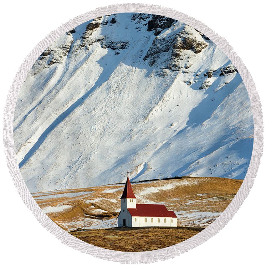 Church Round Beach Towel featuring the photograph Church and mountains in winter Vik Iceland by Matthias Hauser