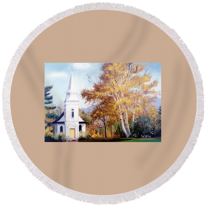 Church With Steeple Round Beach Towel featuring the painting Church at Sugar Hill by Marie Witte