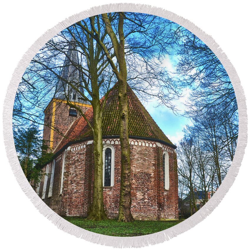 Tower Round Beach Towel featuring the photograph Church in Winsum by Frans Blok