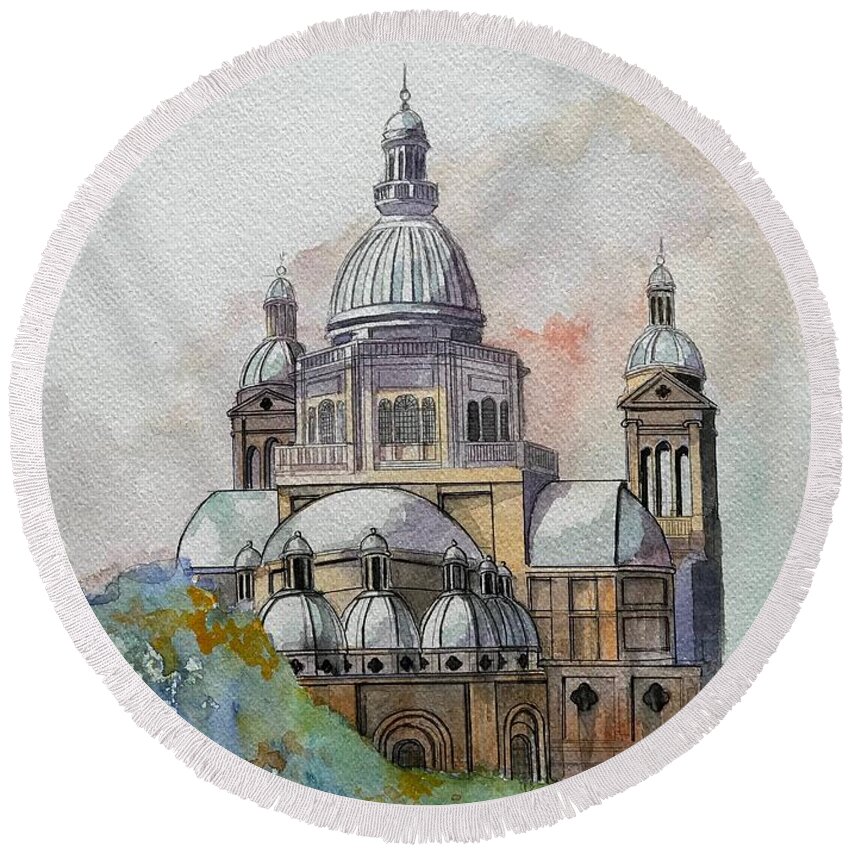 Religion Round Beach Towel featuring the painting Church of Christ the King by Ray Agius