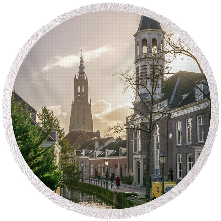 City Round Beach Towel featuring the photograph Churches in the sun by Nick Amels