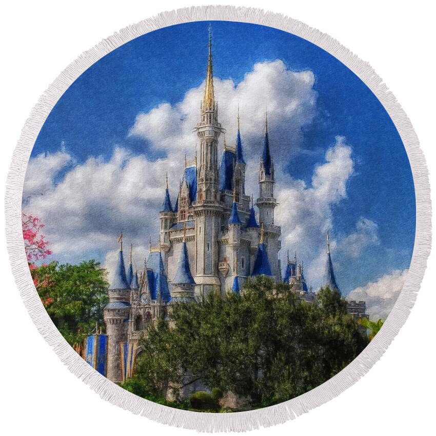 Castle Round Beach Towel featuring the painting Cinderella Castle Summer Day by Sandy MacGowan