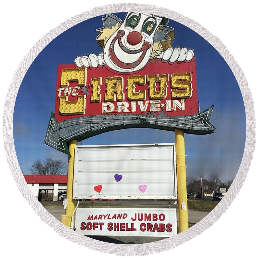 Circus Drive In Round Beach Towel featuring the photograph Circus Drive in Sign by Melinda Saminski