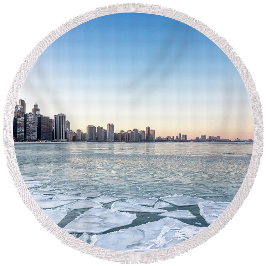 Usa Round Beach Towel featuring the photograph City by the frozen lake by Framing Places