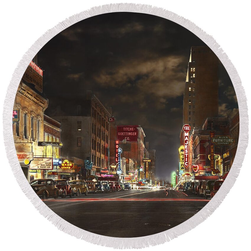 Color Round Beach Towel featuring the photograph City - Dallas TX - Elm street at night 1941 by Mike Savad