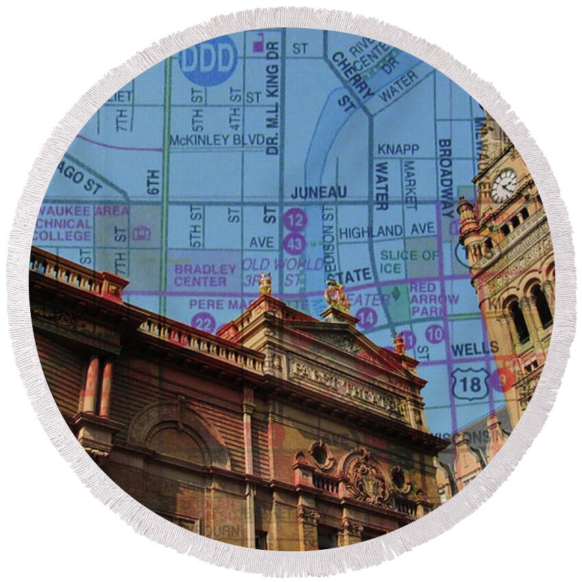Milwaukee Round Beach Towel featuring the photograph City Hall and Pabst Theater Rooflines w Map by Anita Burgermeister