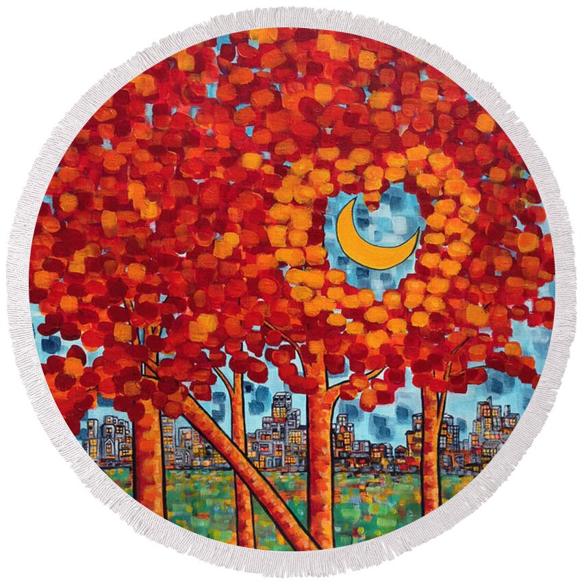 Park Scene Round Beach Towel featuring the painting City Moonshine by Holly Carmichael
