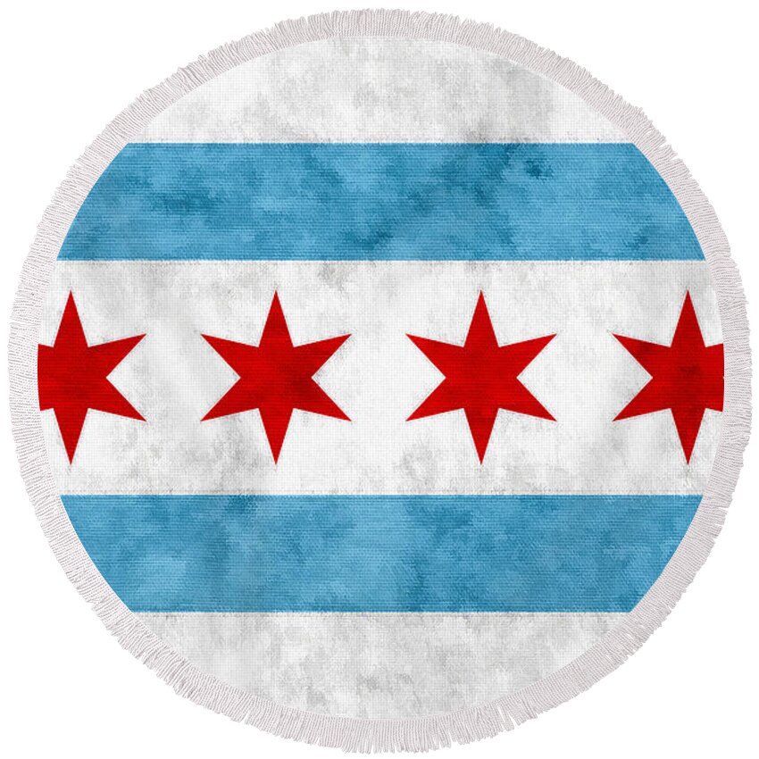 Chicago Round Beach Towel featuring the mixed media City of Chicago Flag by Christopher Arndt