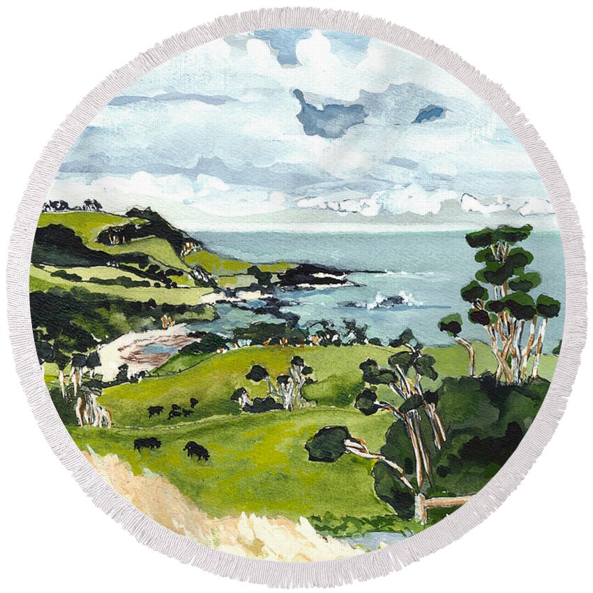 King Island Round Beach Towel featuring the painting City of Melbourne Bay, King Island, Tas by Joan Cordell